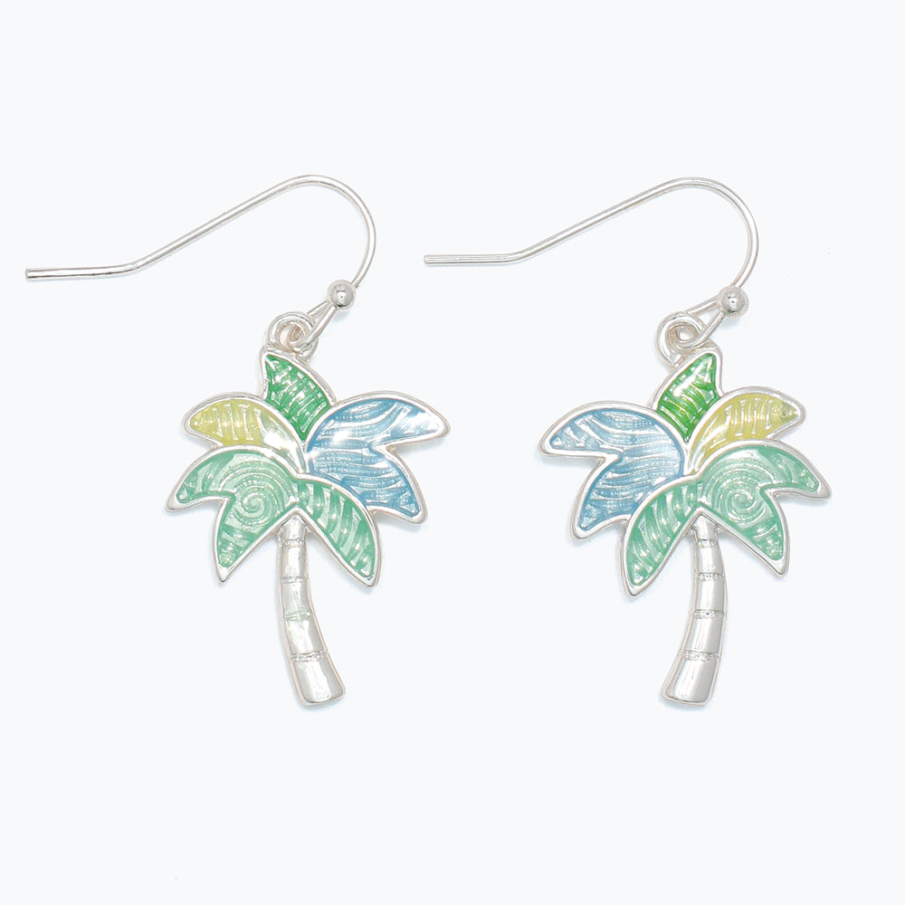 Earrings-Green Palm Trees in Silver