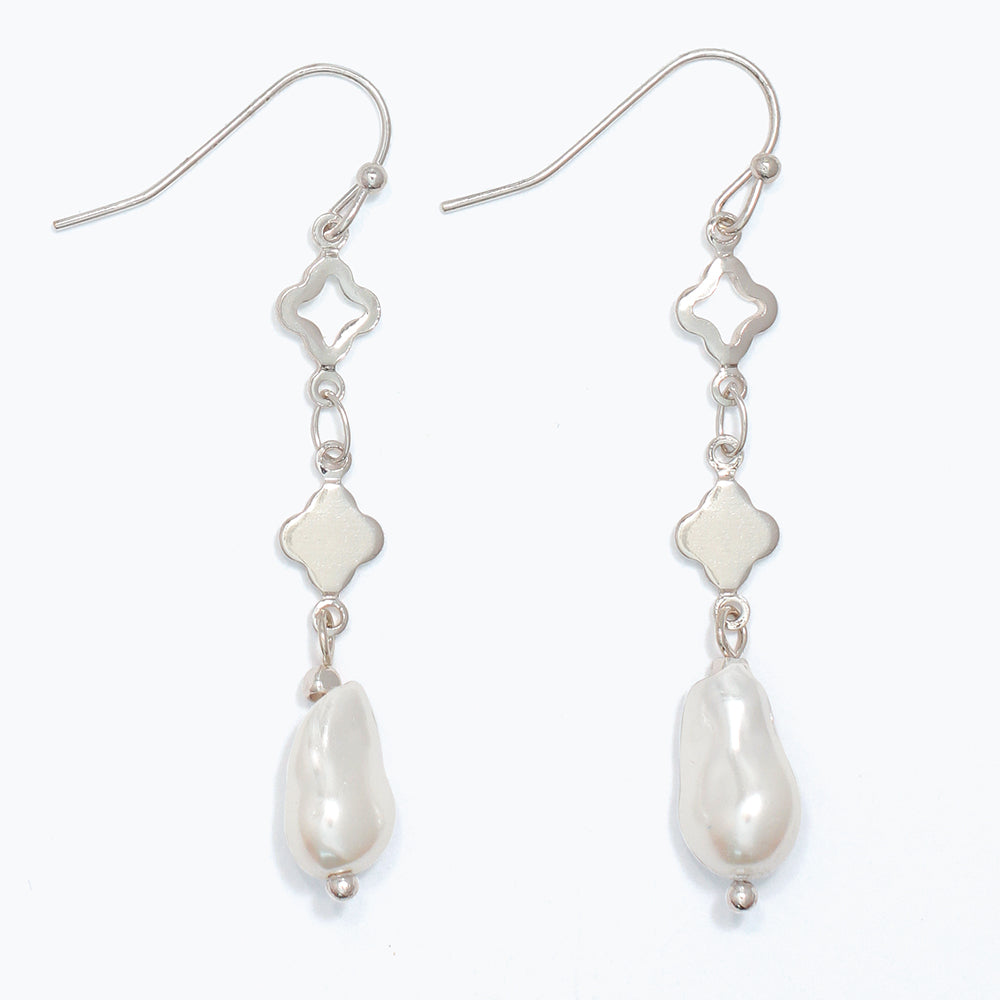 Earrings-Silver Clover w Pearl Drop