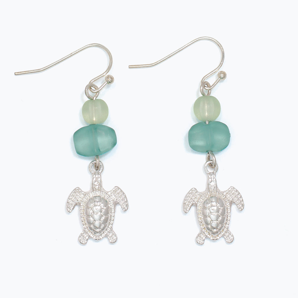 Earrings-Slvr Turtles w Grn Sea Gla