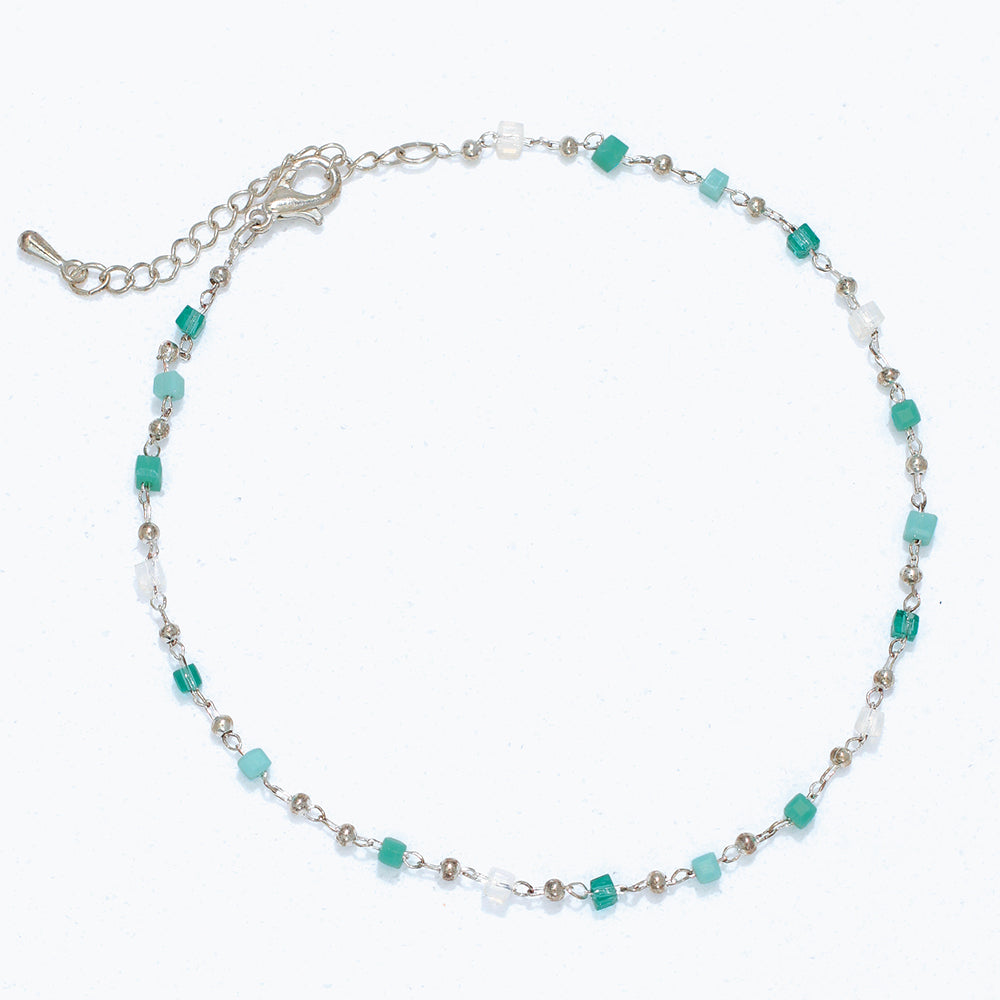 Anklet-Silver Green & White Beaded