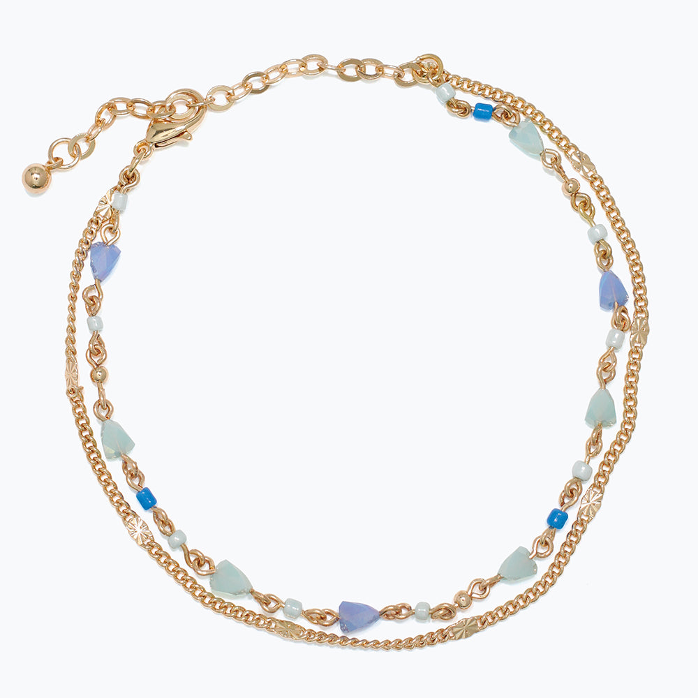 Anklet-Gold Chains w Faceted Blue