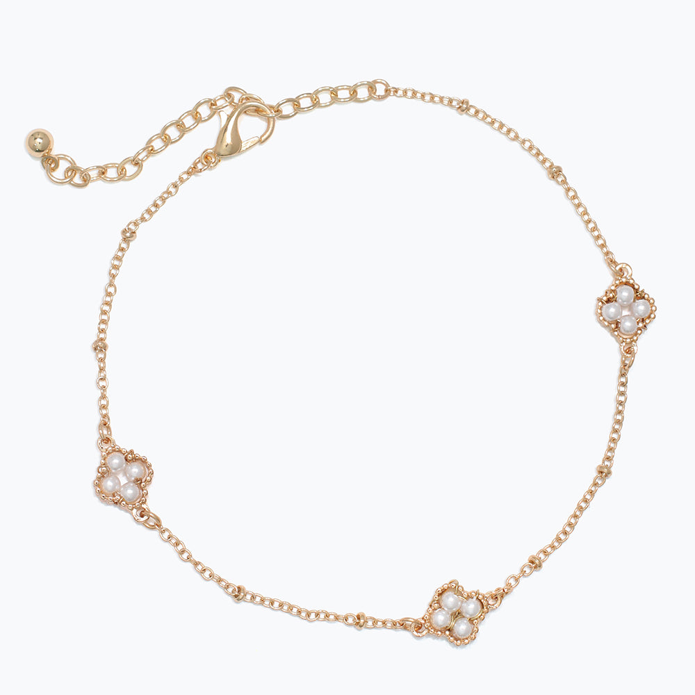 Anklet-Stationed Gold+Pearl Clovers