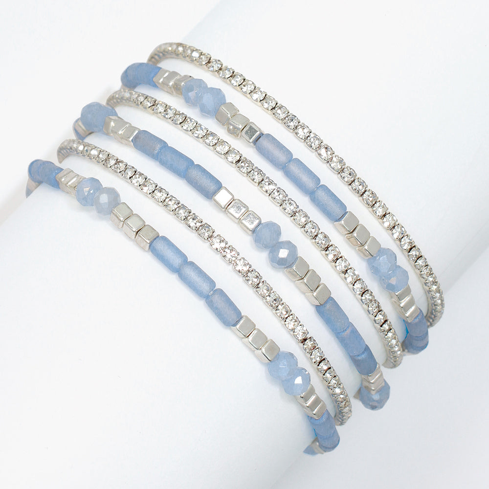 Bracelet-6 Strands Blue and Crystal