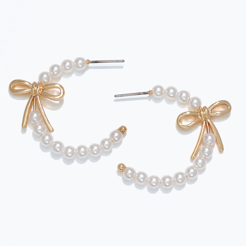 Earrings-Pearl hoops w Gold Ribbons