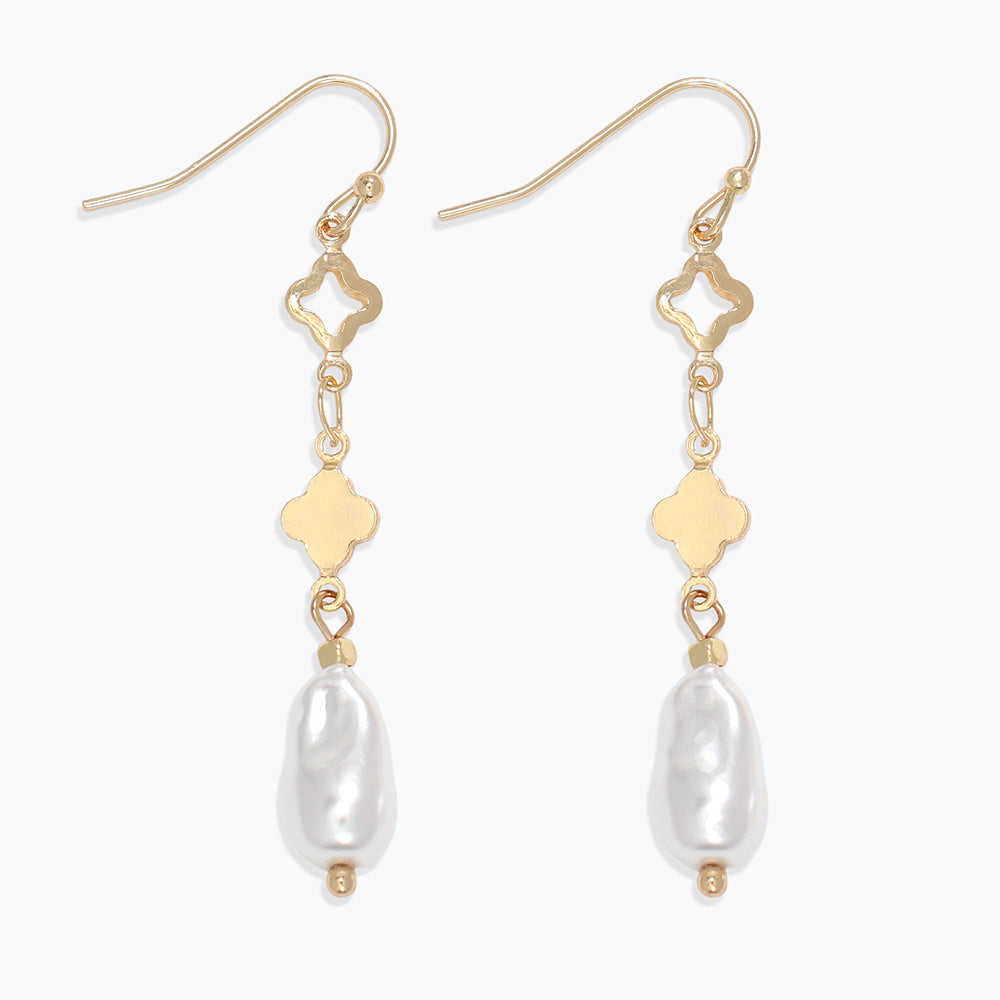Earrings-Gold Clover + Pearl Drops