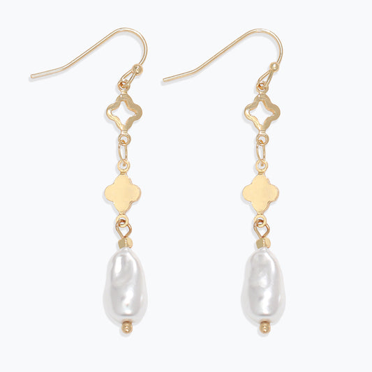 Earrings-Gold Clover + Pearl Drops