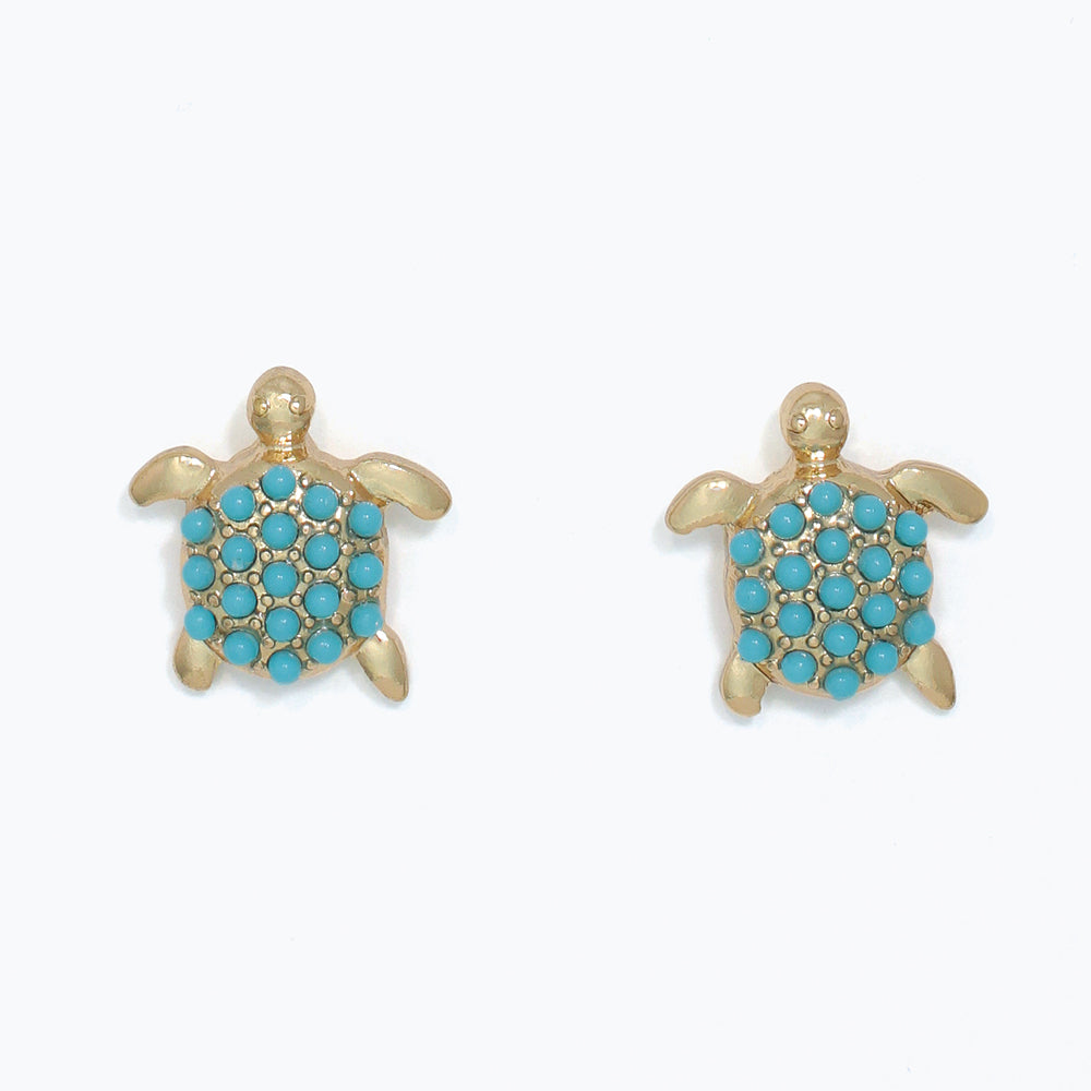Earrings-Gold Turtles w Turq Beads