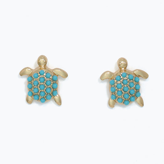 Earrings-Gold Turtles w Turq Beads