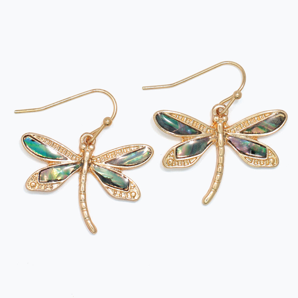 Earrings-Gold Dragonfly with Abalon