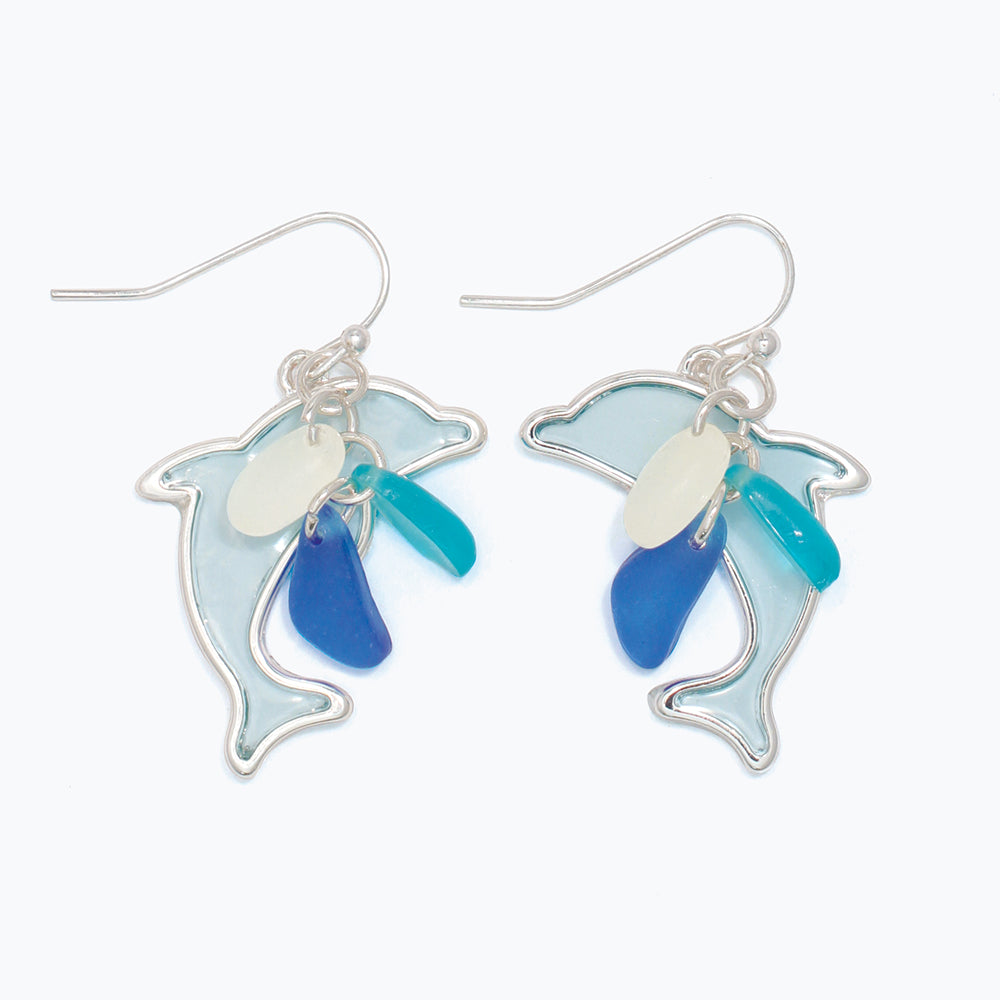 Earrings-Blue Resin Dolphin+Seaglas