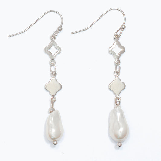 Earrings-Silver Clover w Pearl Drop