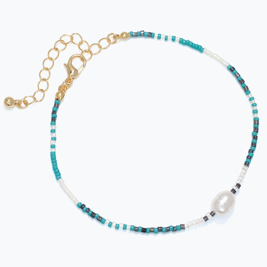Anklet-Blue+Aqua Seed Beads w Pearl