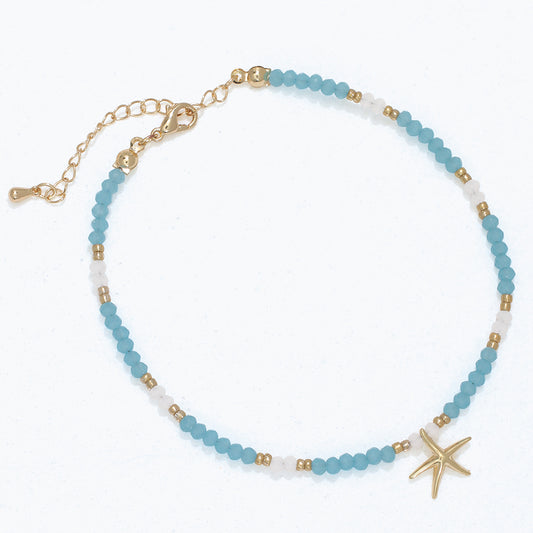 Anklet-Gold Starfish w Blue Beads