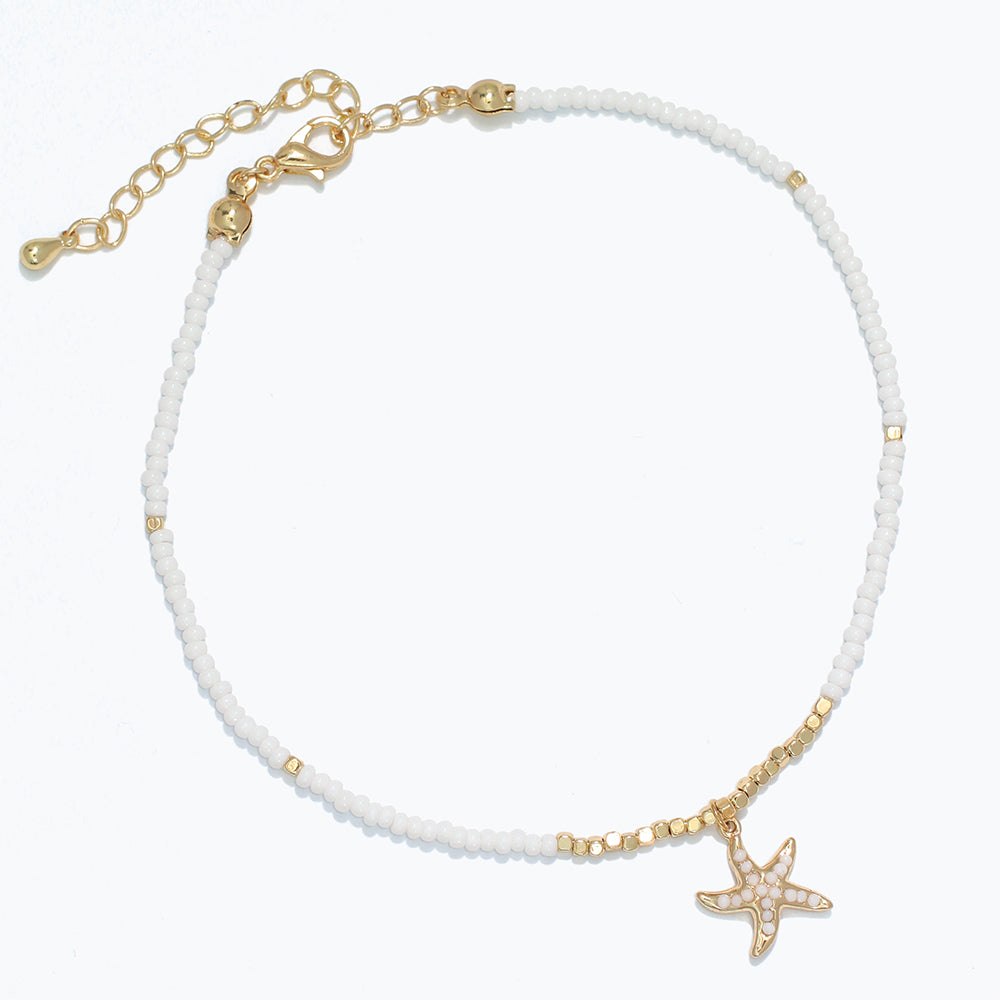 Anklet-White Beads w Gold Starfish