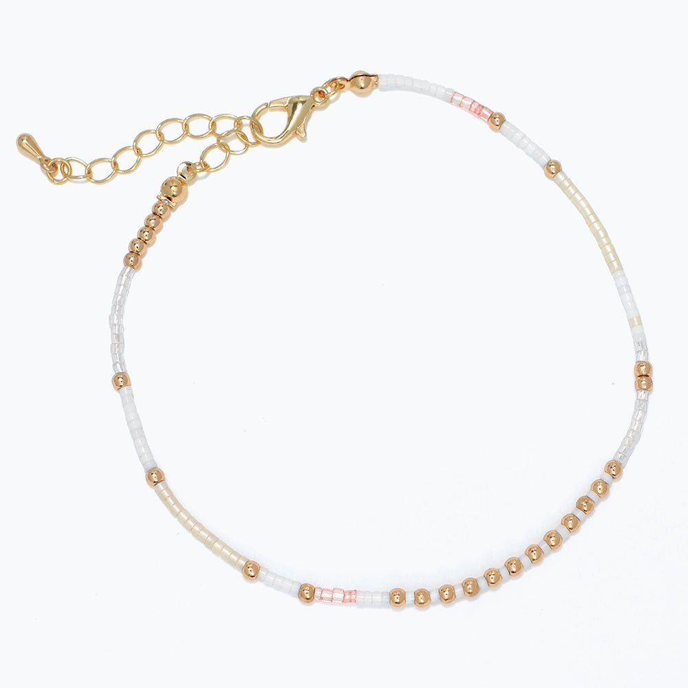 Anklet-White, Gold, Pink Seed Beads