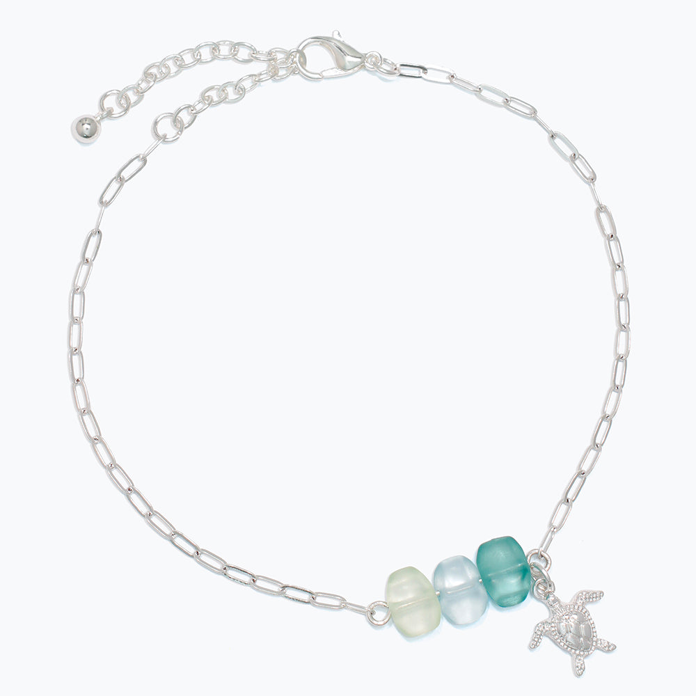 Anklet-Green Seaglass w Silver Turt