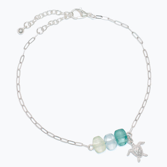 Anklet-Green Seaglass w Silver Turt